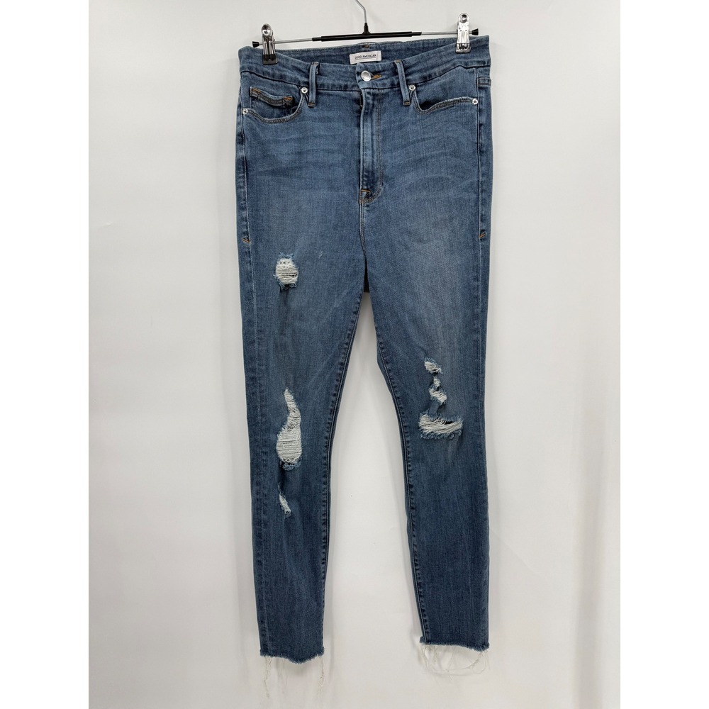 Good American 4 Good Waist Skinny Jeans Womens Blue Distressed Ripped Raw Hem